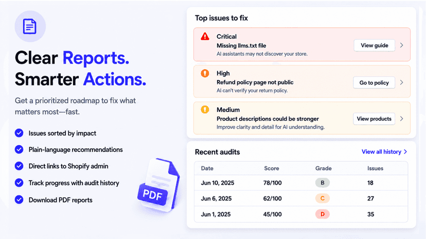 View and export detailed audit report with FixMyStore.ai