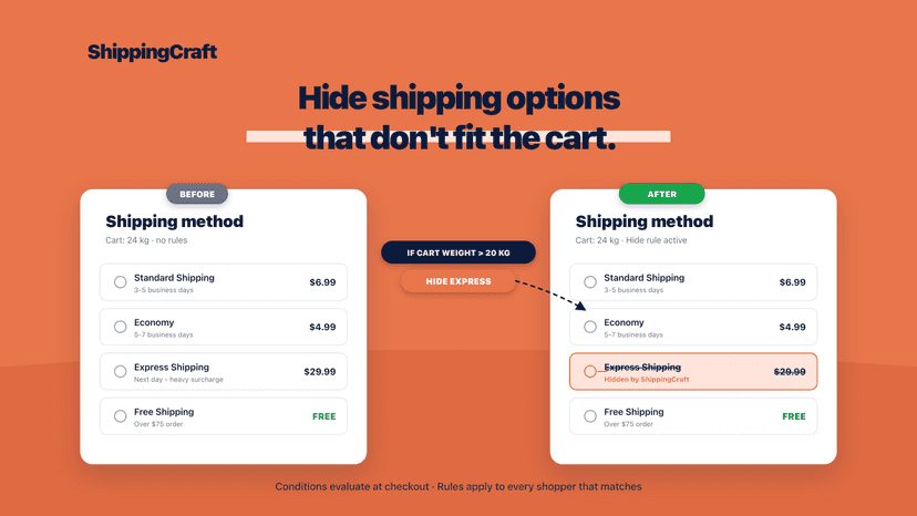 Catalog of 11 conditions and 3 actions: Hide, Rename, Reorder