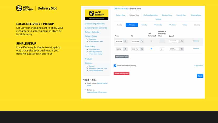 Delivery and Pickup time slots and restrictions zip code