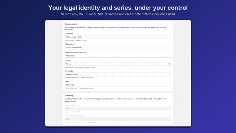 Settings: seller identity and locked number series