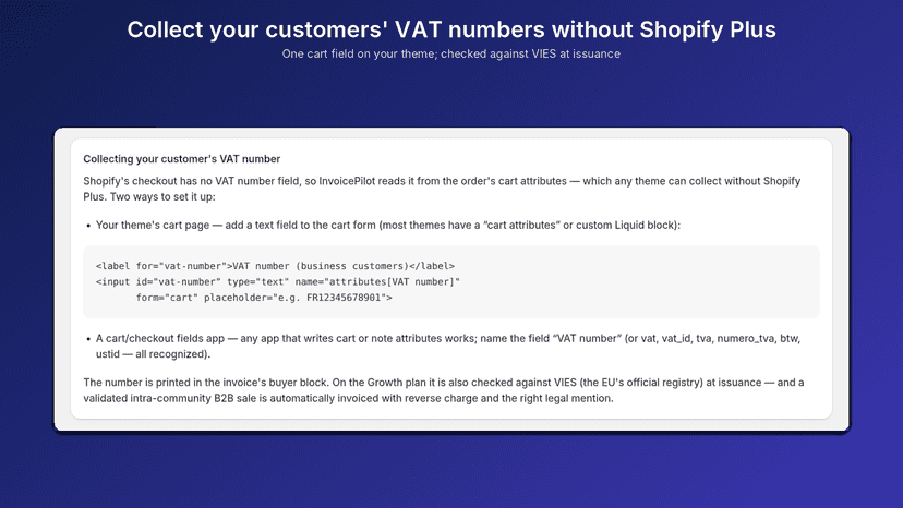 Collect buyer VAT numbers with one cart field, VIES-checked