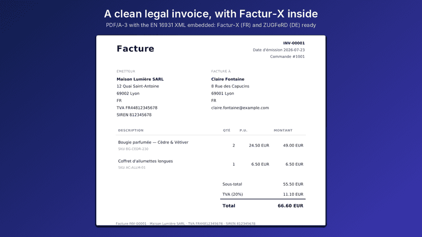 Legal invoice PDF with embedded Factur-X XML and VAT lines
