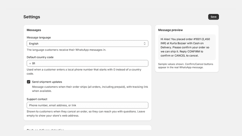 Settings with live WhatsApp message preview in English