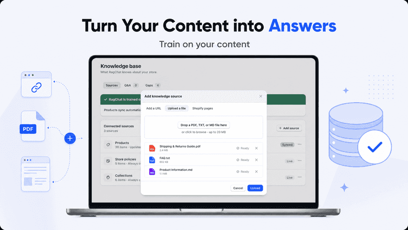 Knowledge base: add sources from URL, file, and pages
