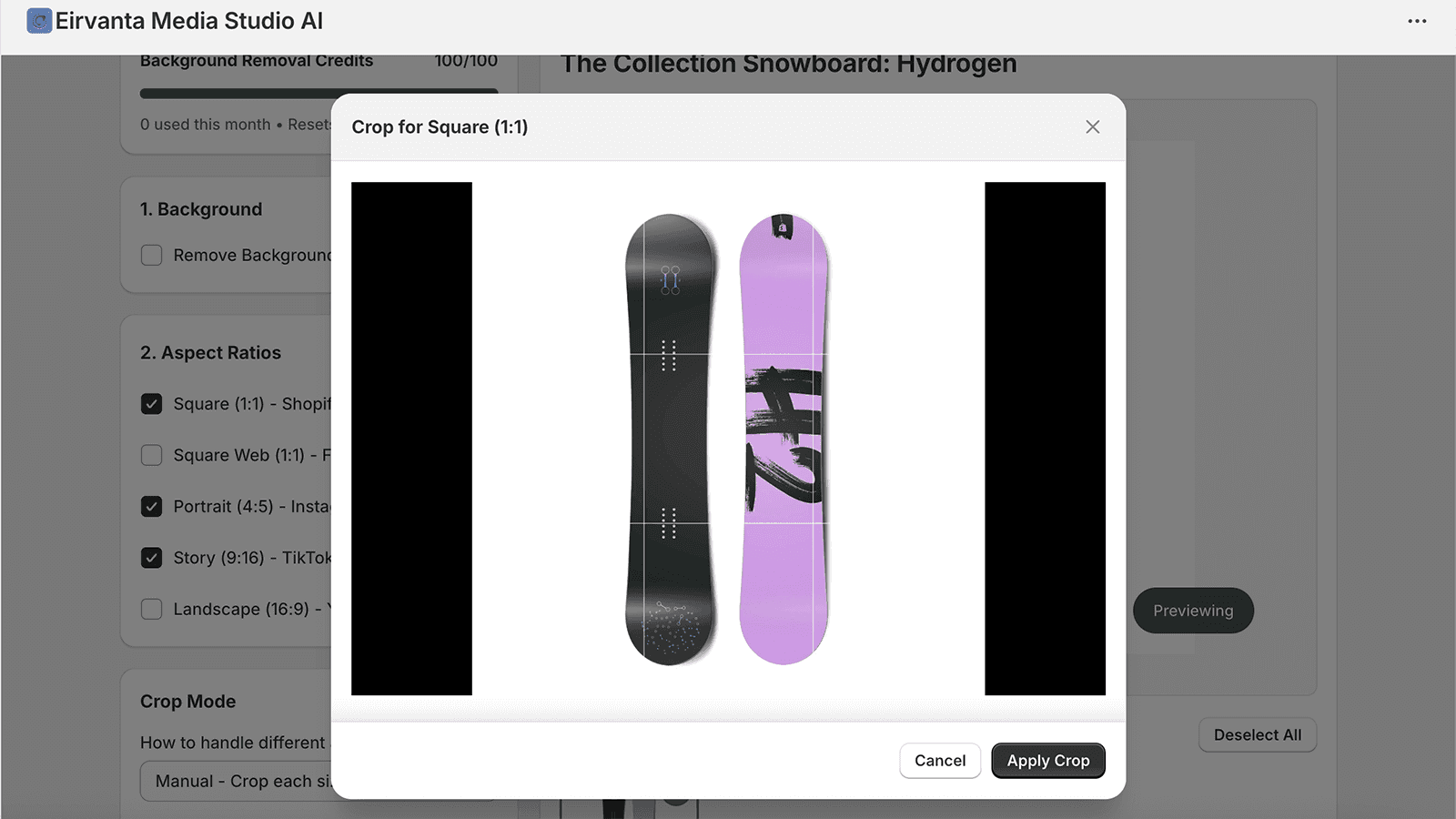 Editing product photo with multiple aspect ratios selected.
