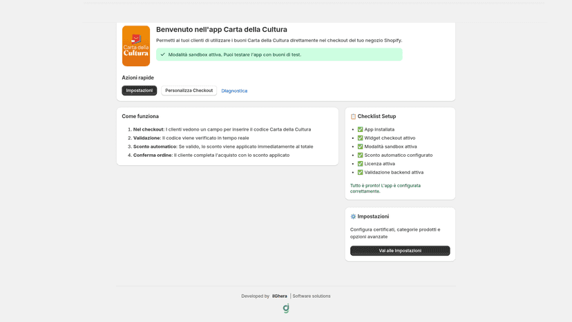 Checklist configurazione app con stato completamento