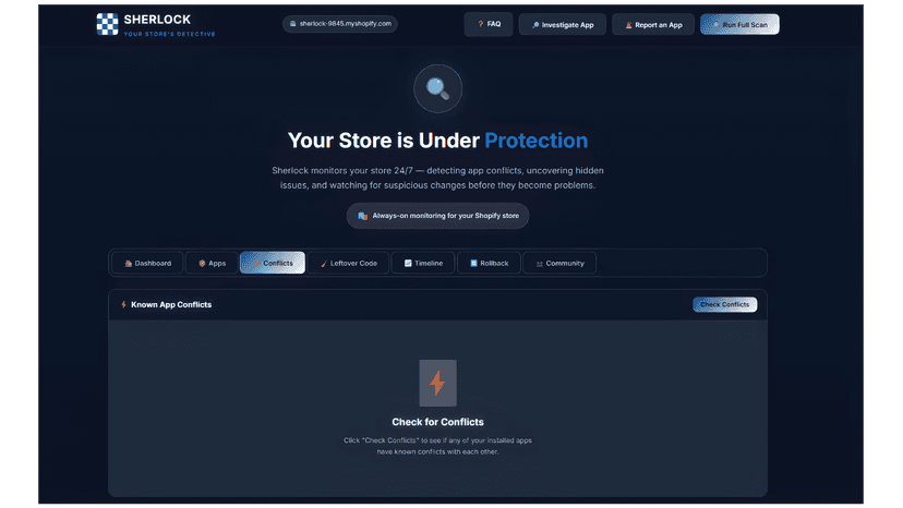 Sherlock checks for conflicts between apps on your store