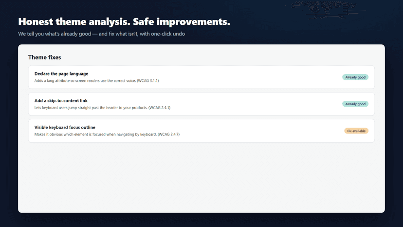 Theme fixes with two passing checks and one fix available