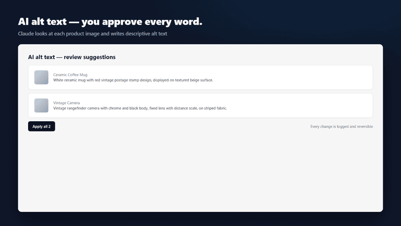 AI alt text suggestions for product images awaiting approval