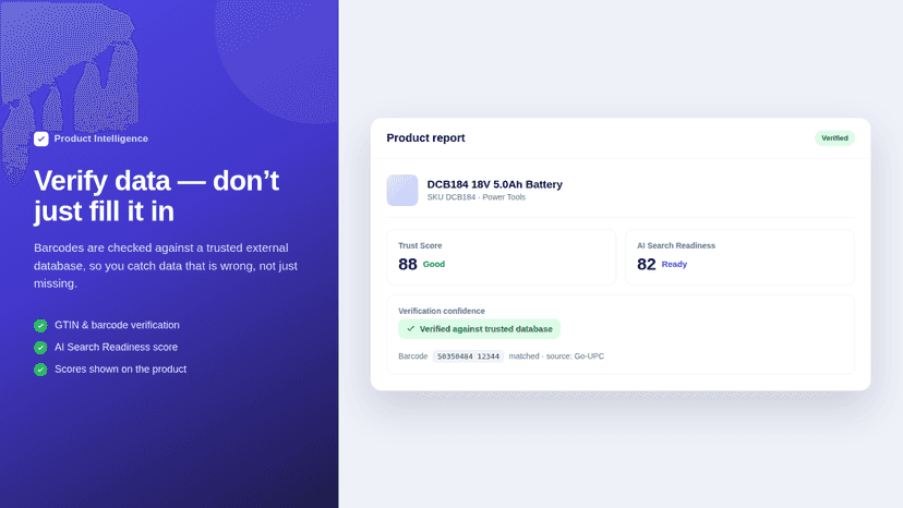 Product page Trust Score, AI Search Readiness and barcode check