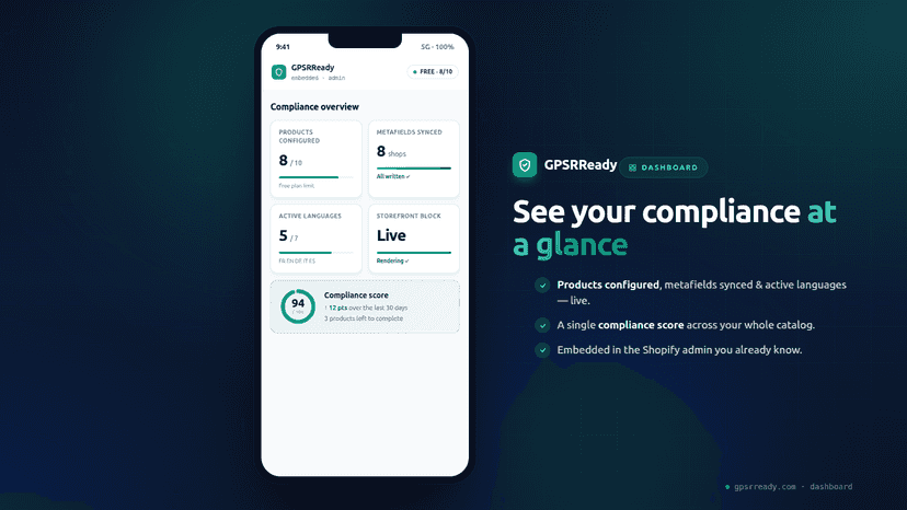 Mobile — GPSRReady compliance dashboard with product statuses
