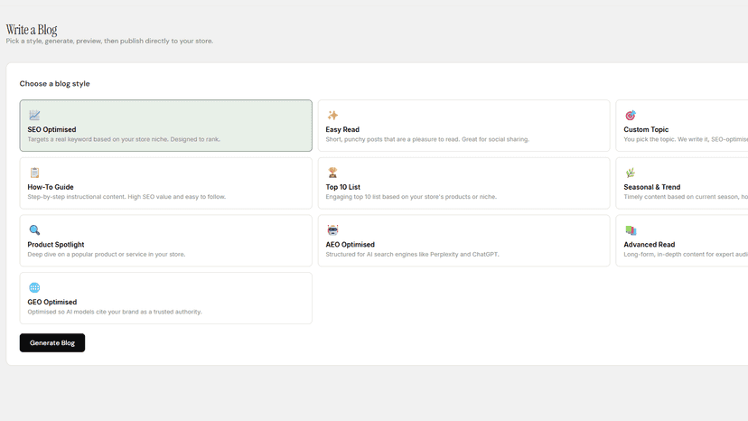 Blog style selector showing 10 content types including SEO