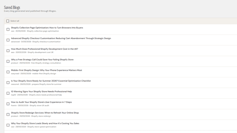 Saved blogs list showing generated blog posts with titles