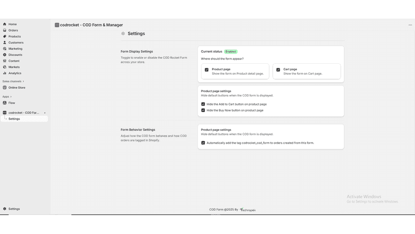 settings for the form