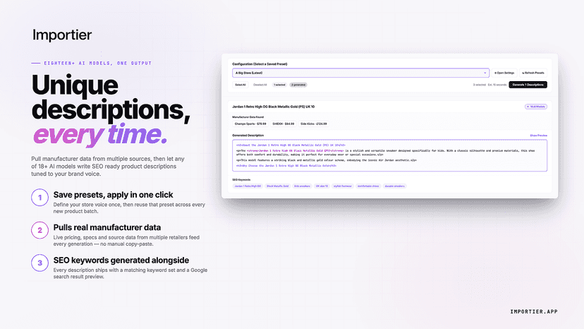 AI product description generation with model and style picker.