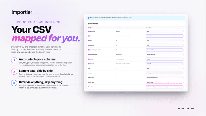 CSV and PDF import wizard auto-mapping columns to Shopify fields