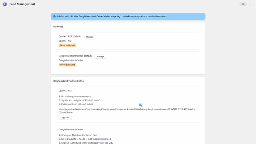 Publish feed URLs for Google Merchant Center and AI shopping cha