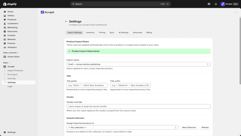 Flexible import settings applied automatically to every product