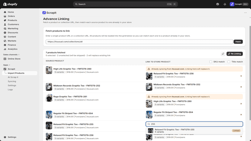 advance linking to link internal products with source stores