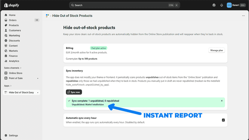 The published/unpublished products are logged