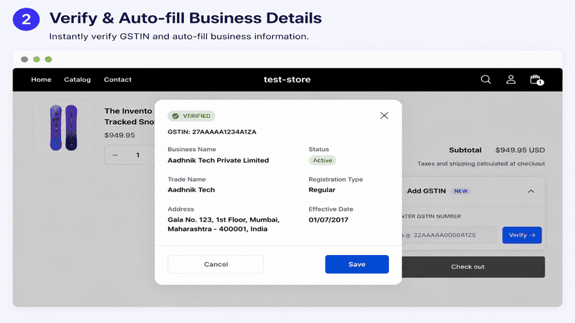 pop-up modal containing the gstin verification details