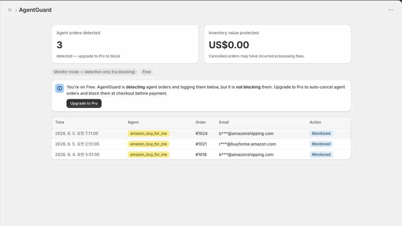 AgentBlock dashboard: detected agent orders and activity log
