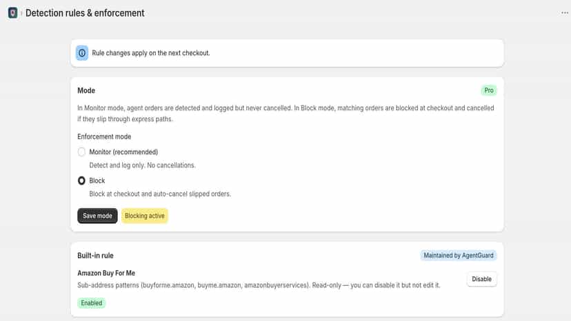 Rules: Monitor/Block mode and built-in Amazon rule