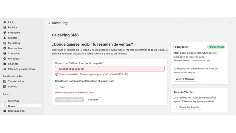 Shopify admin interface showing SalesPing SMS error