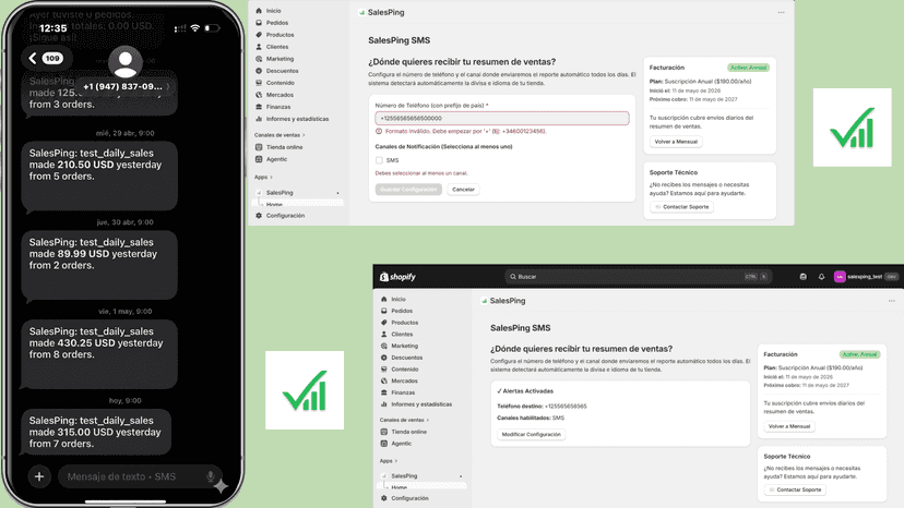 iPhone with sales SMS next to the SalesPing Shopify admin panel