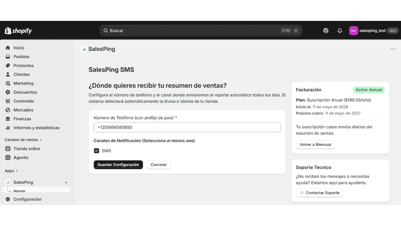 Shopify admin interface showing SalesPing SMS configuration
