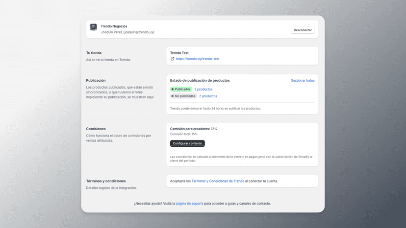 Panel de Trendo en Shopify