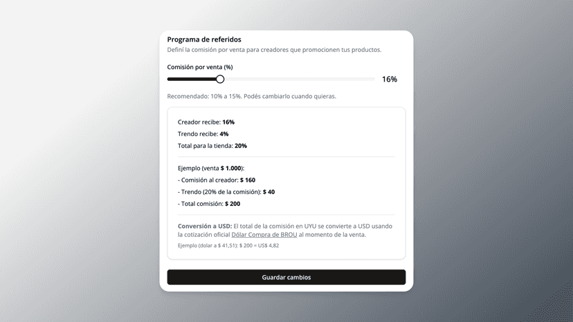 Pantalla de configuración de comisiones