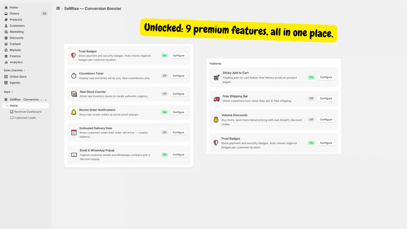 mobile dashboard page with trust badges, sticky cart, and Pop up