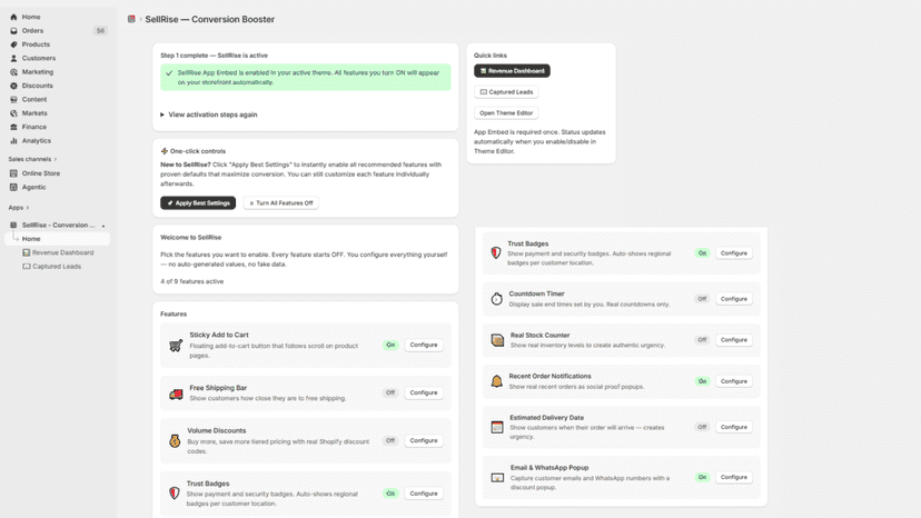 SellRise dashboard showing nine conversion features one-click