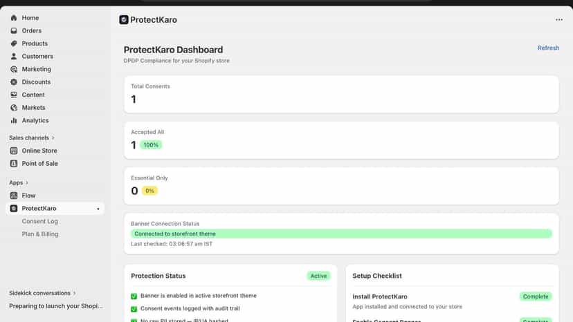 ProtectKaro dashboard showing consent stats and banner connectio