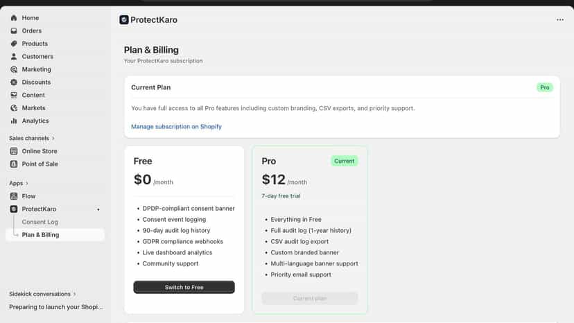 Plan and billing page showing Free and Pro subscription options