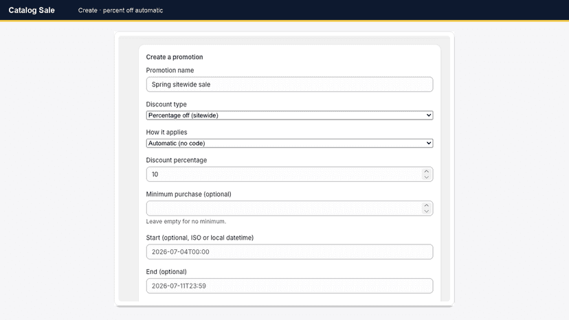 Create sitewide percent-off automatic promotion