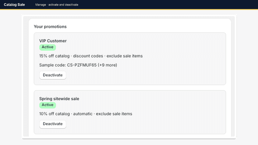 Active promotions with deactivate controls