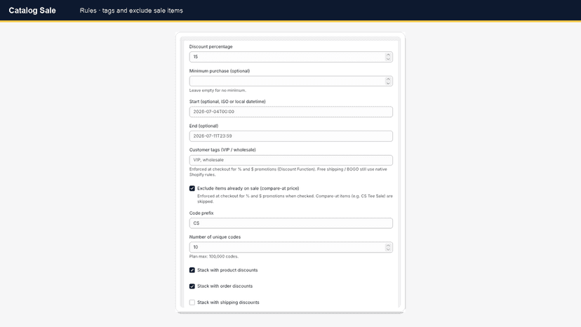 Customer tags and exclude sale items options