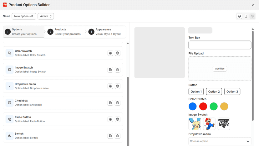 Product Options, Variant Options, Customizer