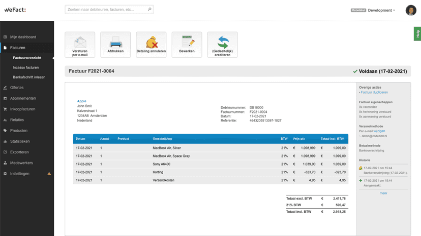 WeFact invoice automatically created based on Shopify order