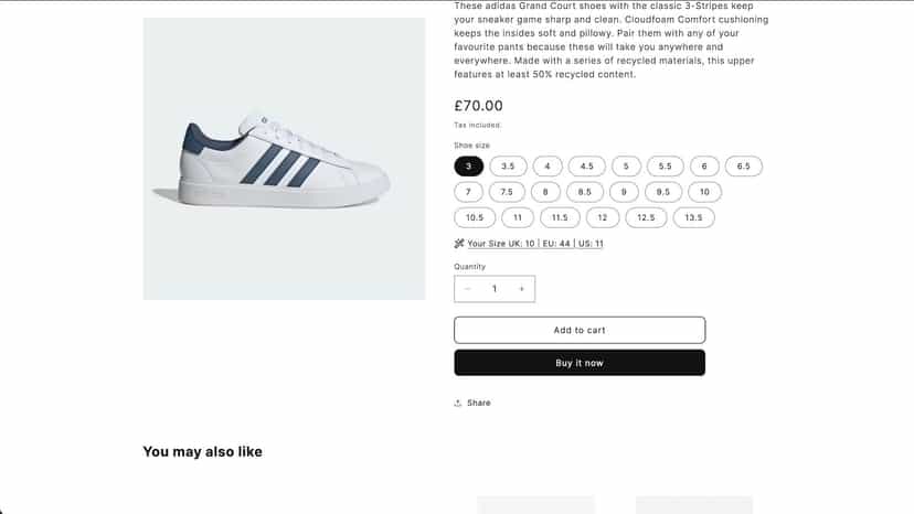 Product page showing size suggestion
