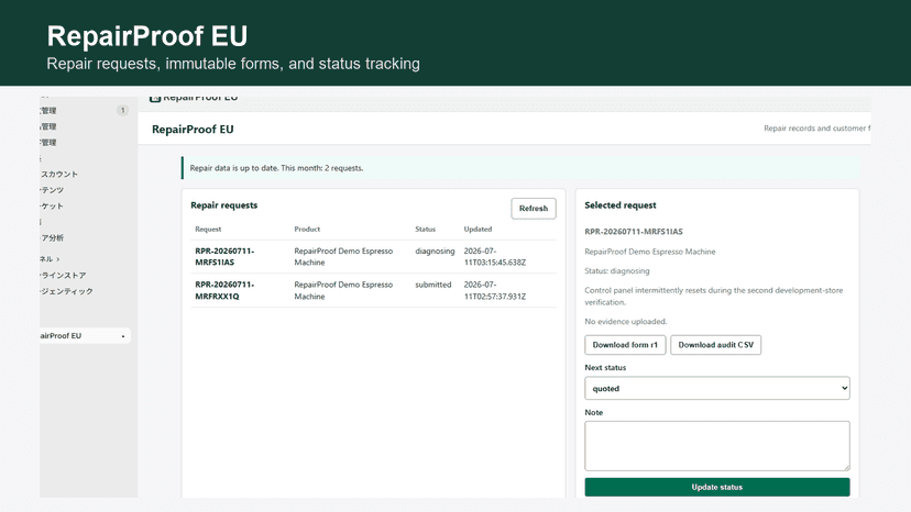 Repair request dashboard with status tracking and exports