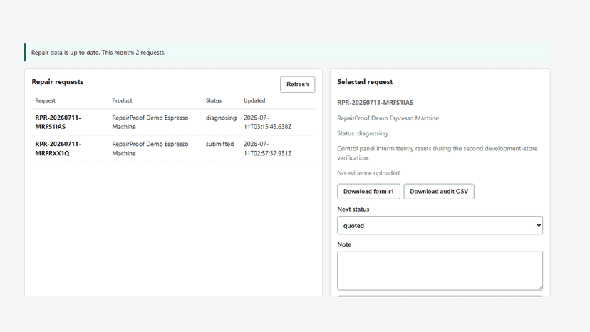 Repair request detail with form and audit export actions
