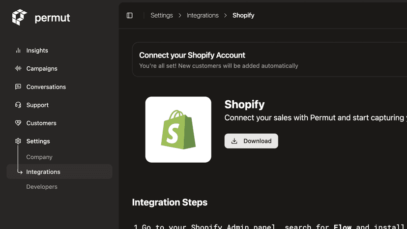 Permut dashboard for Shopify integration