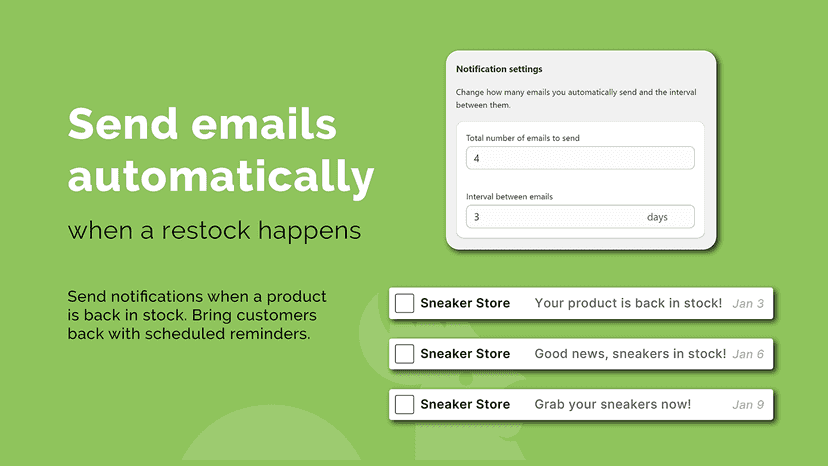 Alerts sent automatically on restock with periodical reminders