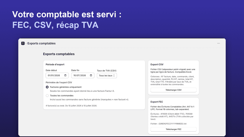 Exports comptables : CSV par taux de TVA et FEC