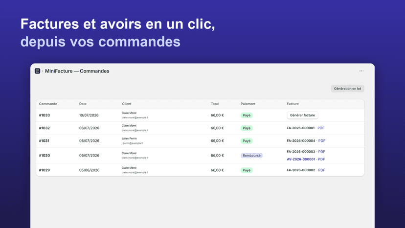 Commandes : facture et avoir générés en un clic