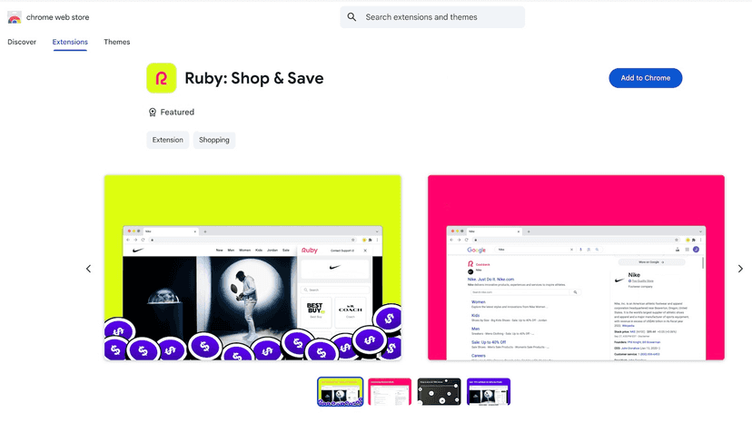 Chrome extension listing page for the Ruby cash back extension