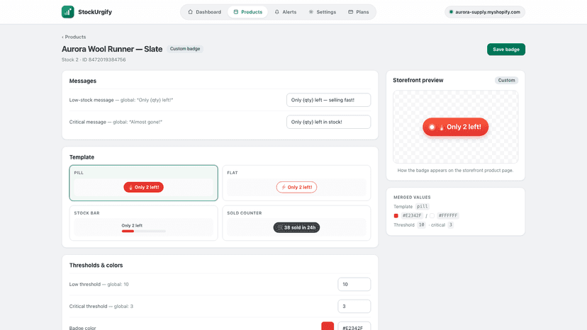 StockUrgify badge editor with live "Only 2 left!" preview